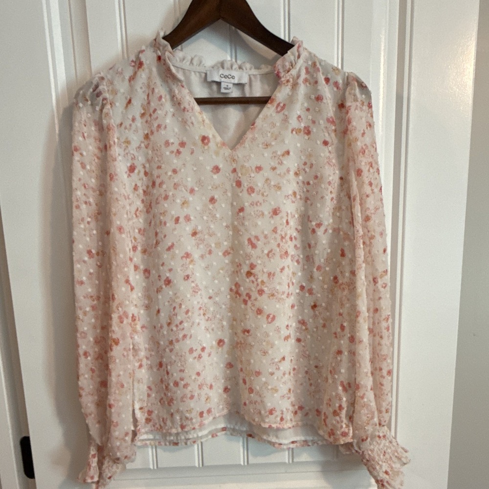 CeCe Women's White Pink Floral Chiffon V-Neck Puff Sleeve Blouse M